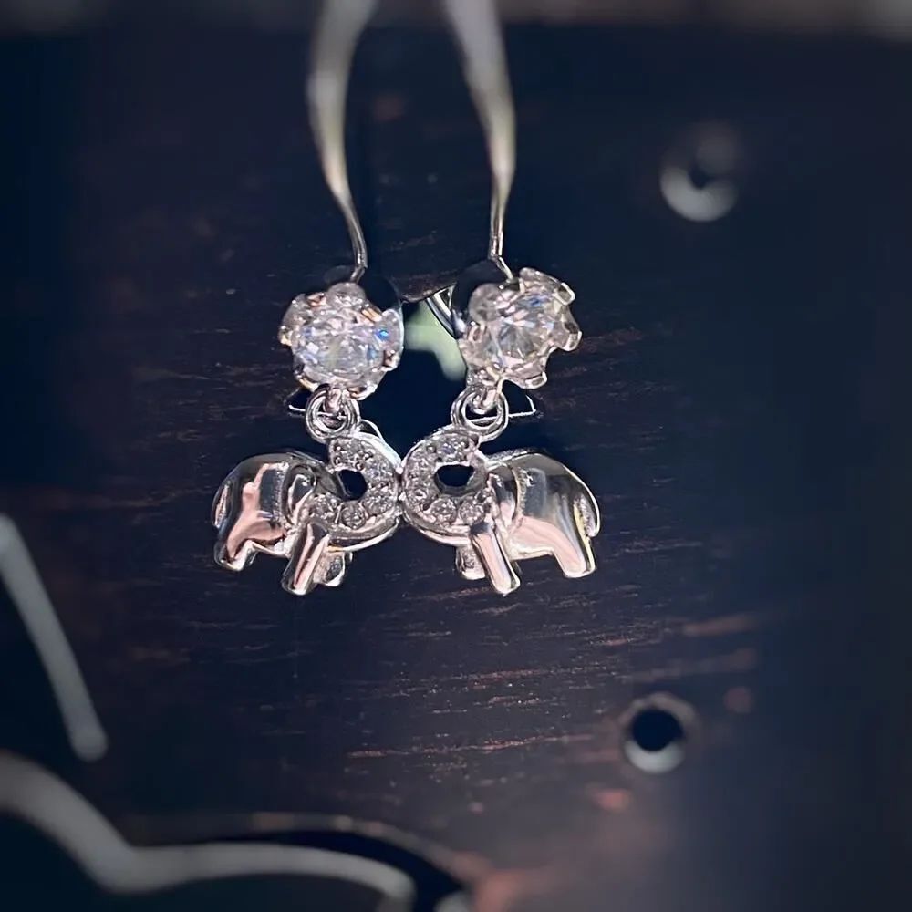 Cubic Zirconia Elephant Solid Sterling Silver Earrings